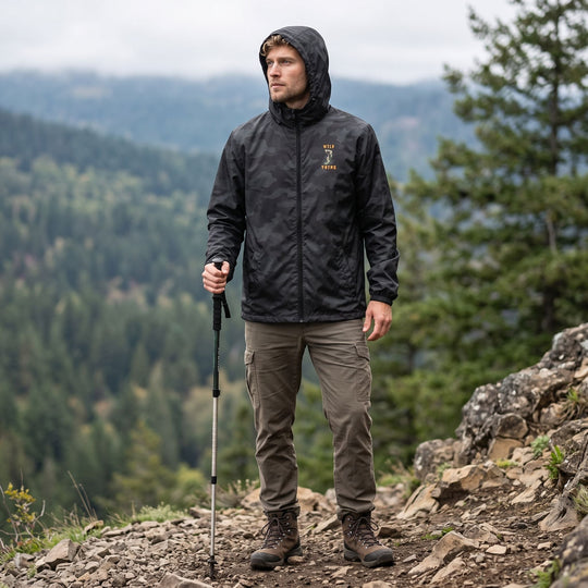 Ben showcasing the durable Wild Thing Windbreaker against a lush forest background, illustrating its functionality in outdoor adventures.