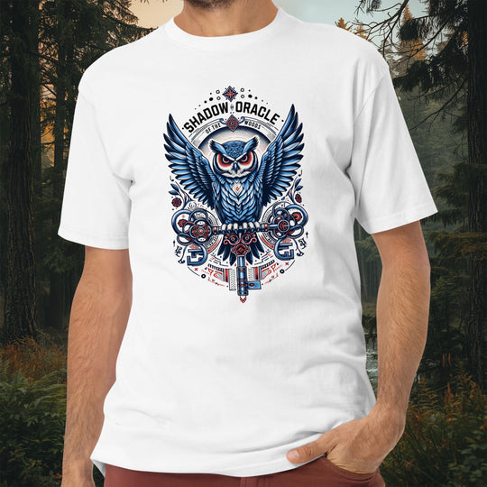 Shadow Oracle Tee – Steampunk Owl Heavyweight Cotton