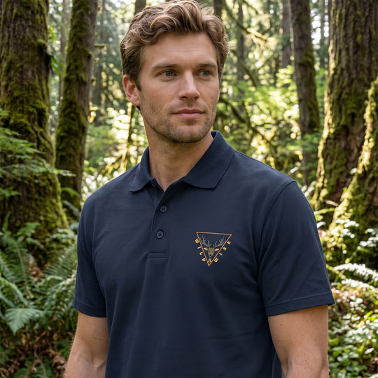Adult male model wearing The Wild &amp; Wise Premium Cotton Polo in an outdoor setting with greenery, natural daylight, and blurred foliage background.
