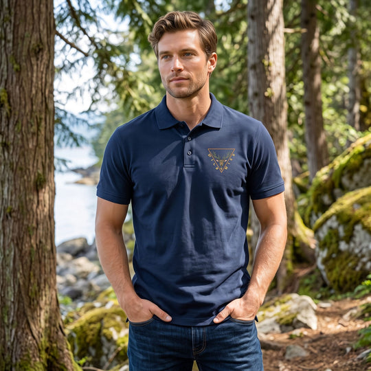 Adult male model wearing Wild &amp; Wise cotton polo shirt in outdoor setting with greenery and natural daylight