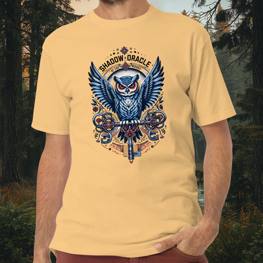 Shadow Oracle Tee – Steampunk Owl Heavyweight Cotton